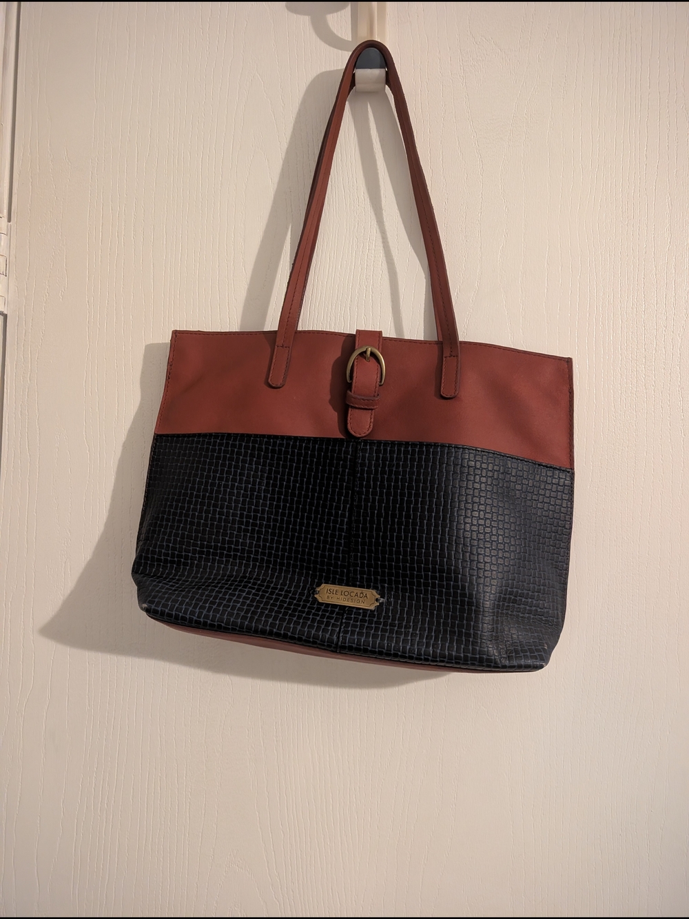 Two-Tone Black and Brown Tote with Buckle Accent